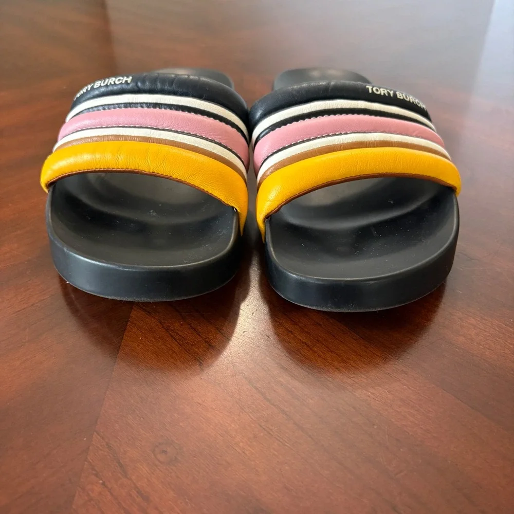 Tory Burch Slides Sandals 9 Striped Rainbow Padded Leather Sporty Slip On Womens